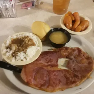 Excellent country ham with rice and gravy.  (Just say "no" to the carrots out of a can.)