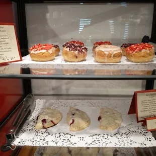 pastries on display in glass case