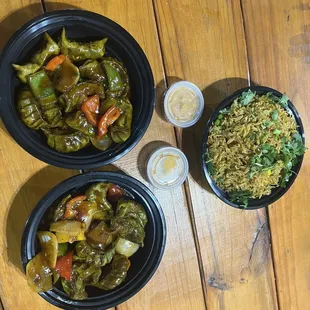 Vegetarian momos, fried rice &amp; fries (not pictured)