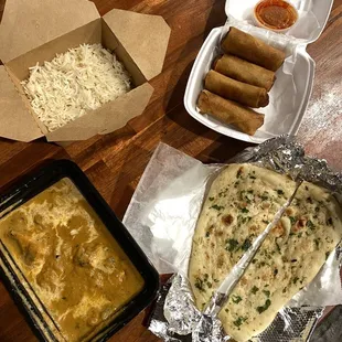 Tikka Masala, Garlic Naan, 4 Pieces Vegetable Egg Rolls