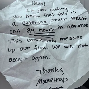 Note given with a doordash order.