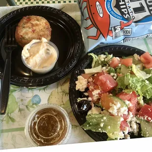 Crab cake and Mediterranean Salad