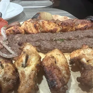 Beef kabab, chicken wings lamb and boneless chicken