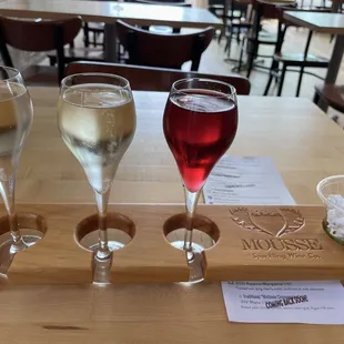 Flight in the summer.  Left to right: dry white bubbly, 2022 la crescent, 2022 rosso