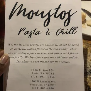 Front of the menu