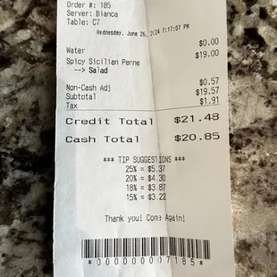 RECEIPT - WATER &amp; SPICY SICILIAN PENNE