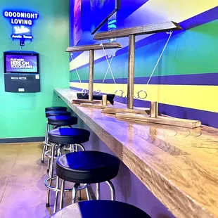 a bar with stools