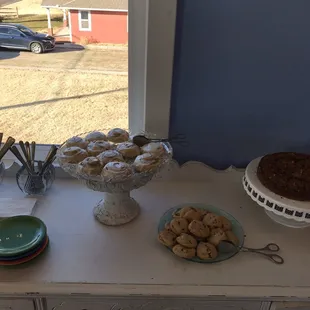 Mini cinnamon rolls, cookies, and coffee cake.