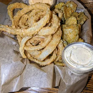 50/50 Combo - Onion Straws w/ petal sauce and Pickle Chips
 w/ jalapeno ranch