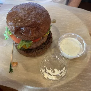 Cheddar Cheese Burger on Wheat. Moxie Sauce on the side.