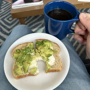 Avocado toast. Dark roast coffee