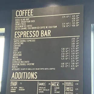 Coffee menu