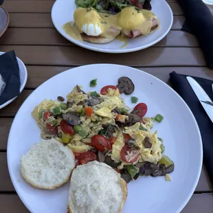 Benedict and veggie egg scramble