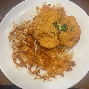 Chicken piccata with hashed brown waffle