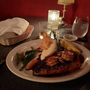 Salmon overcooked prawns n veggies