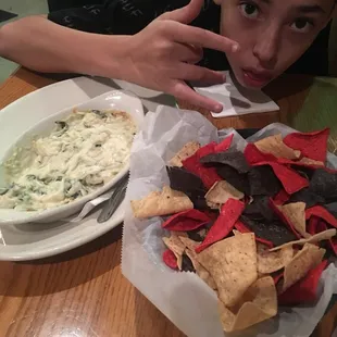 My son with Moxie's Spinach Dip