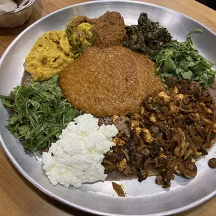 Vegan sampler, plus shuro, ayb, and mushroom tibs.
