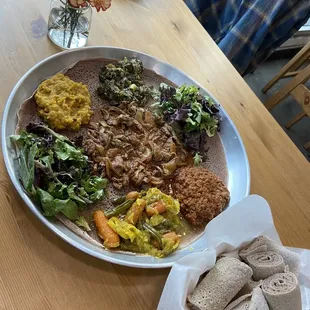 Veggie Platter plus order of  Beef and injera