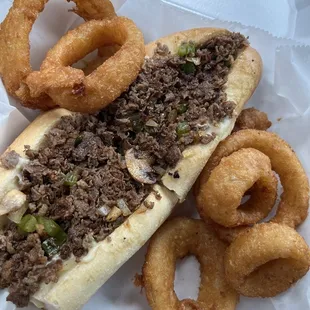 Cheesesteak and Onion Rings.