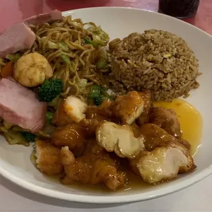 Combination with orange chicken, fried rice and Moy's Special Chow Mein. So. Much. Food. Yum!