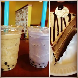 Misutgaru &amp; taro bubble tea with a slice of mocha cake