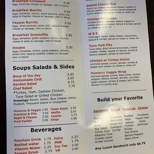 a menu for breakfast