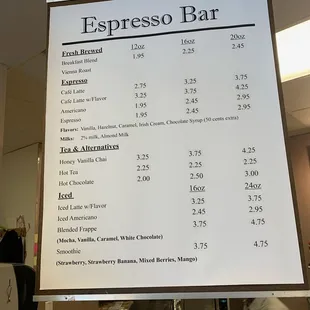 a menu for espresso bar