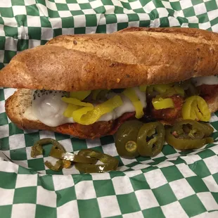 Meatball Sub with wheat roll.