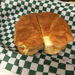 Breakfast Croissant: eggs,American cheese with bacon, ham or sausage. Yummy!!