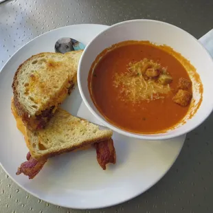 Grilled Pimento Cheese + Bacon - extra sharp white Vermont and sharp cheddar cheese on sourdough w/ "cup" of tomato bisque.