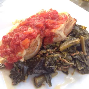 Bacon wrapped meatloaf, cheese grits, and collard greens