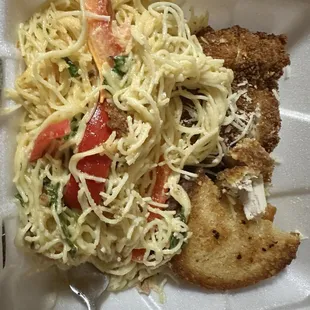 Panko crusted chicken and angel hair pasta