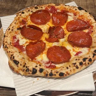 a pepperoni pizza on a plate