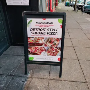 Sign for featured pizza style which is Detroit Style Square Pizza