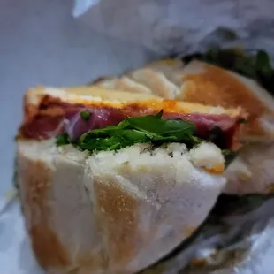 Calabrese with Mozzarella, Nduja, Capacolo, Arugula, balsamic glaze. Delicious. A bit spicy.