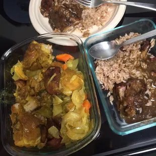 Two Lunch Specials is enough to feed 4. Jerk chicken, peas and rice, plantain and Goya soda. Curry chicken, cabbage, plantain and Goya soda.