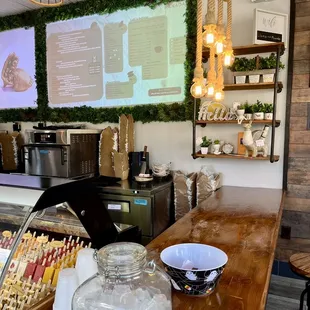 a counter with a variety of food items