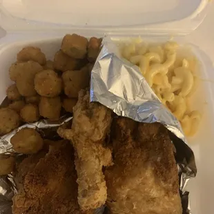 Fried chicken with Mac and cheese and fried okra, best okra I can remember having