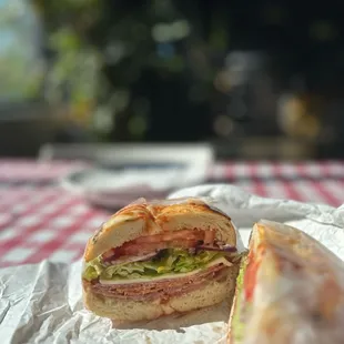 Pizza bagel with Italian sandwich