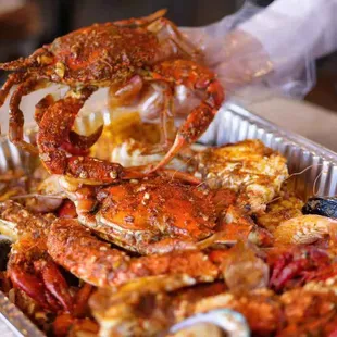 a close up of a crab being cooked in a pan