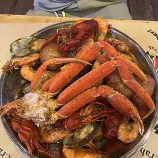 Snow crab legs, shrimp, mussels and crawfish