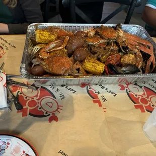 Virility of boils. Blue crab, snow crab, shrimp, mussels, sausage, and crawfish.