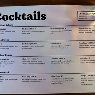 Drink menu at the Bar