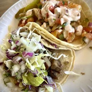 Lengua and shrimp tacos