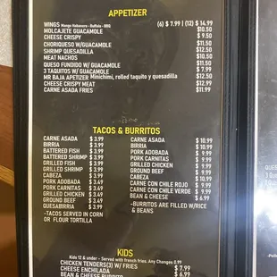 Appetizer menu, Tacos/burritos, &amp; kids menu