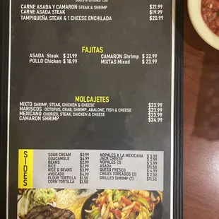 Dinner menu