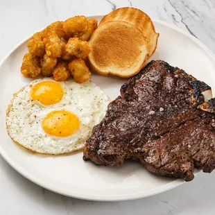 steak, eggs, and toast