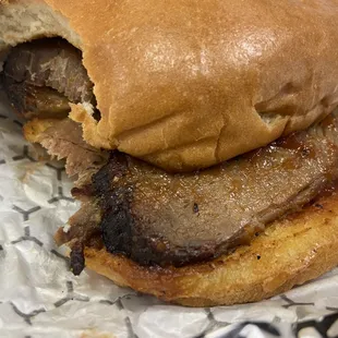 Brisket Sandwich close up after I bit it