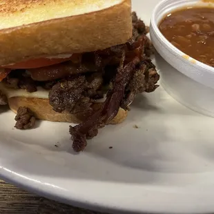 Ribeye sandwich with baked beans