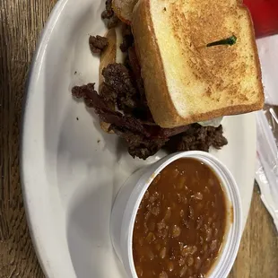 Ribeye sandwich with baked beans